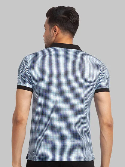 Men Blue Slim Fit Print Cotton Round Neck Collar Polo T-Shirt
