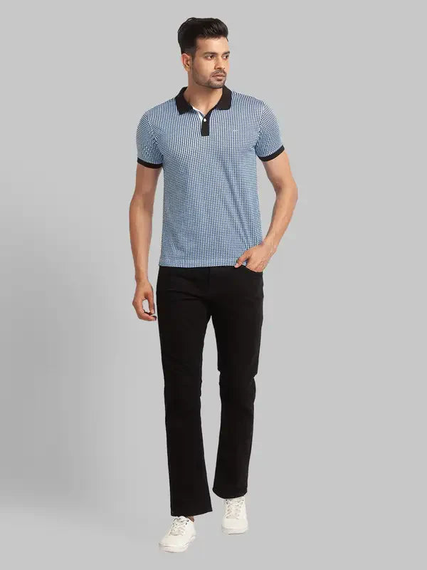Men Blue Slim Fit Print Cotton Round Neck Collar Polo T-Shirt
