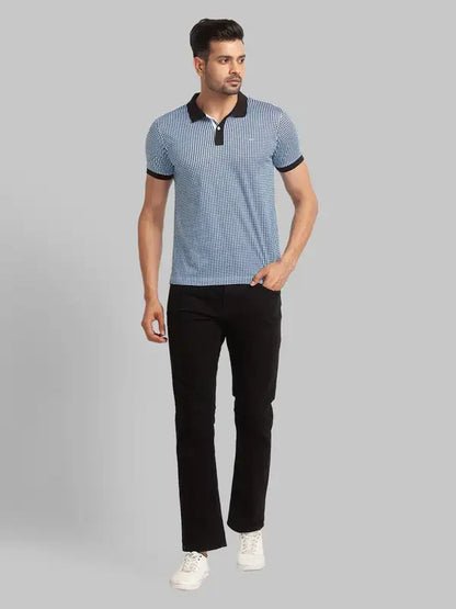 Men Blue Slim Fit Print Cotton Round Neck Collar Polo T-Shirt
