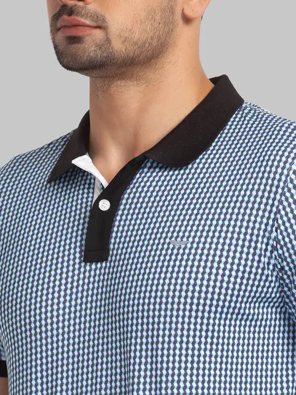 Men Blue Slim Fit Print Cotton Round Neck Collar Polo T-Shirt