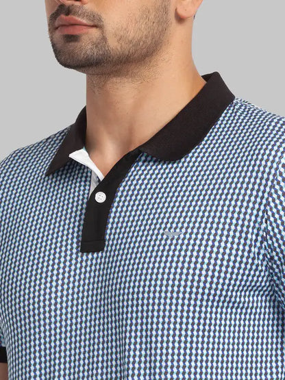 Men Blue Slim Fit Print Cotton Round Neck Collar Polo T-Shirt
