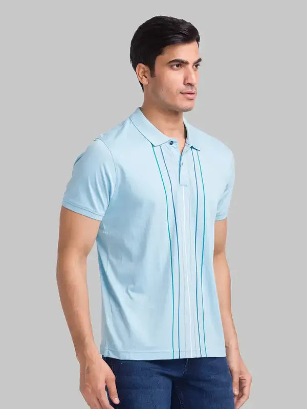 Men Blue Slim Fit Stripe Cotton Round Neck Collar Polo T-Shirt