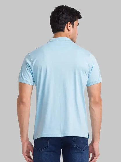 Men Blue Slim Fit Stripe Cotton Round Neck Collar Polo T-Shirt
