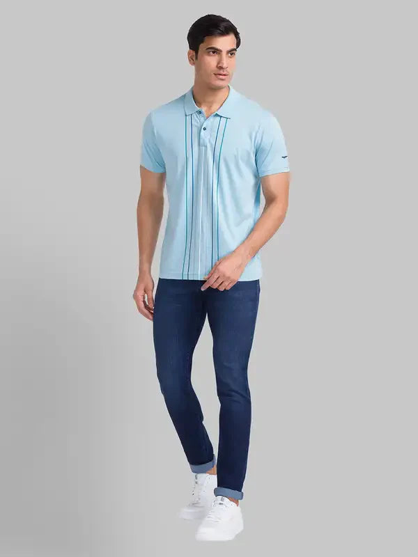 Men Blue Slim Fit Stripe Cotton Round Neck Collar Polo T-Shirt