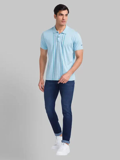 Men Blue Slim Fit Stripe Cotton Round Neck Collar Polo T-Shirt