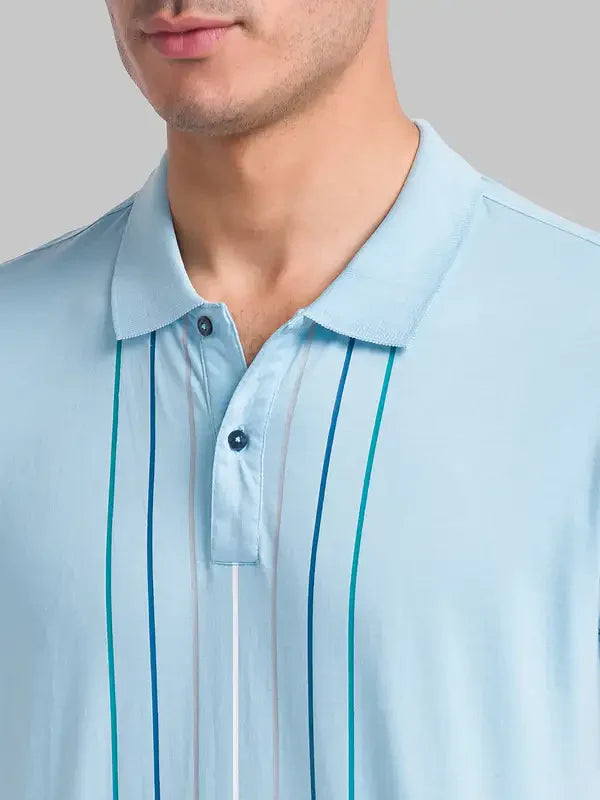 Men Blue Slim Fit Stripe Cotton Round Neck Collar Polo T-Shirt