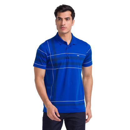 Men Blue Slim Fit Print Cotton Round Neck Collar Polo T-Shirt