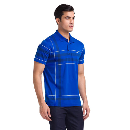 Men Blue Slim Fit Print Cotton Round Neck Collar Polo T-Shirt