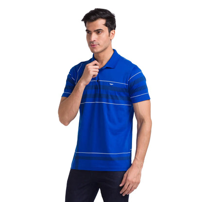 Men Blue Slim Fit Print Cotton Round Neck Collar Polo T-Shirt