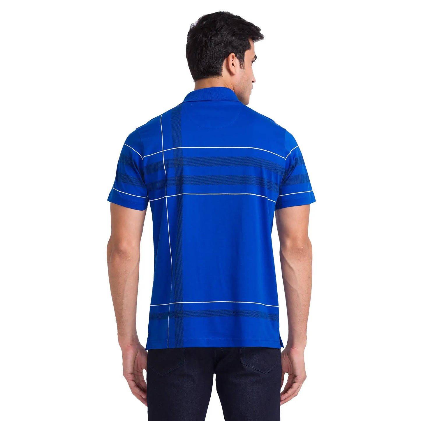 Men Blue Slim Fit Print Cotton Round Neck Collar Polo T-Shirt