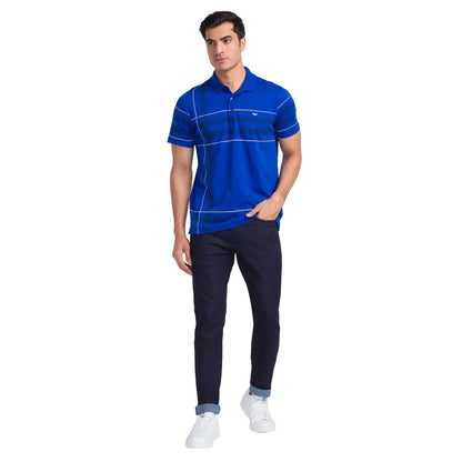 Men Blue Slim Fit Print Cotton Round Neck Collar Polo T-Shirt