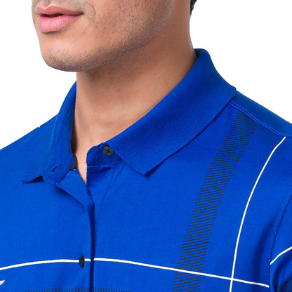 Men Blue Slim Fit Print Cotton Round Neck Collar Polo T-Shirt