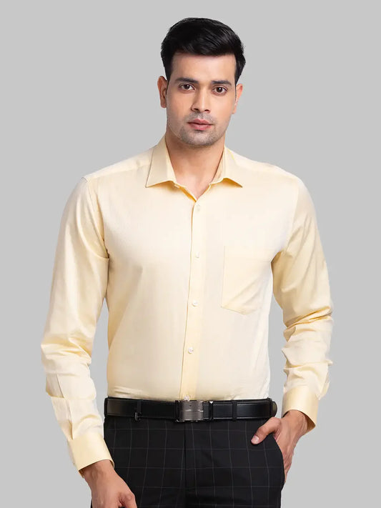 Men Yellow Regular Fit Structure Cotton Full Sleeve Shirts