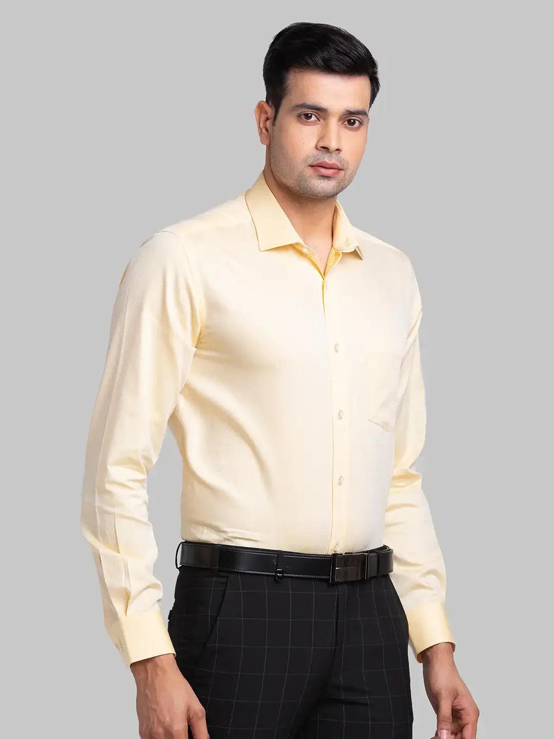 Men Yellow Regular Fit Structure Cotton Full Sleeve Shirts