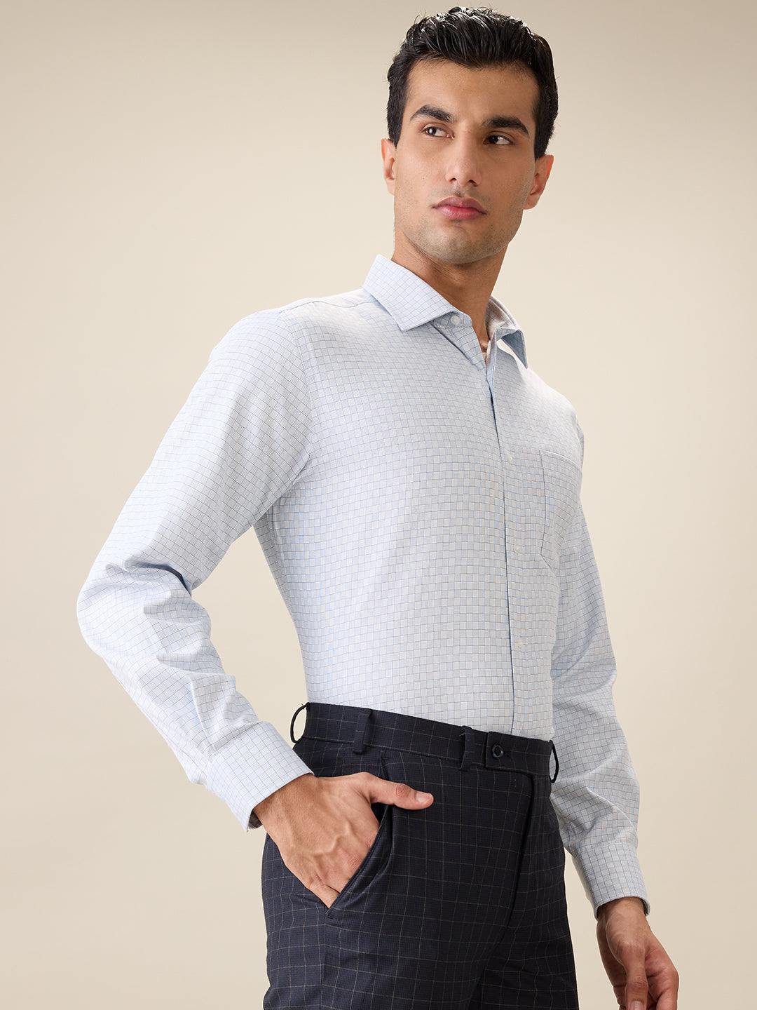 Park Avenue Men Green Checks Regular Fit Polyester Blend Full Sleeve Ainsley Collar Formal Shirt