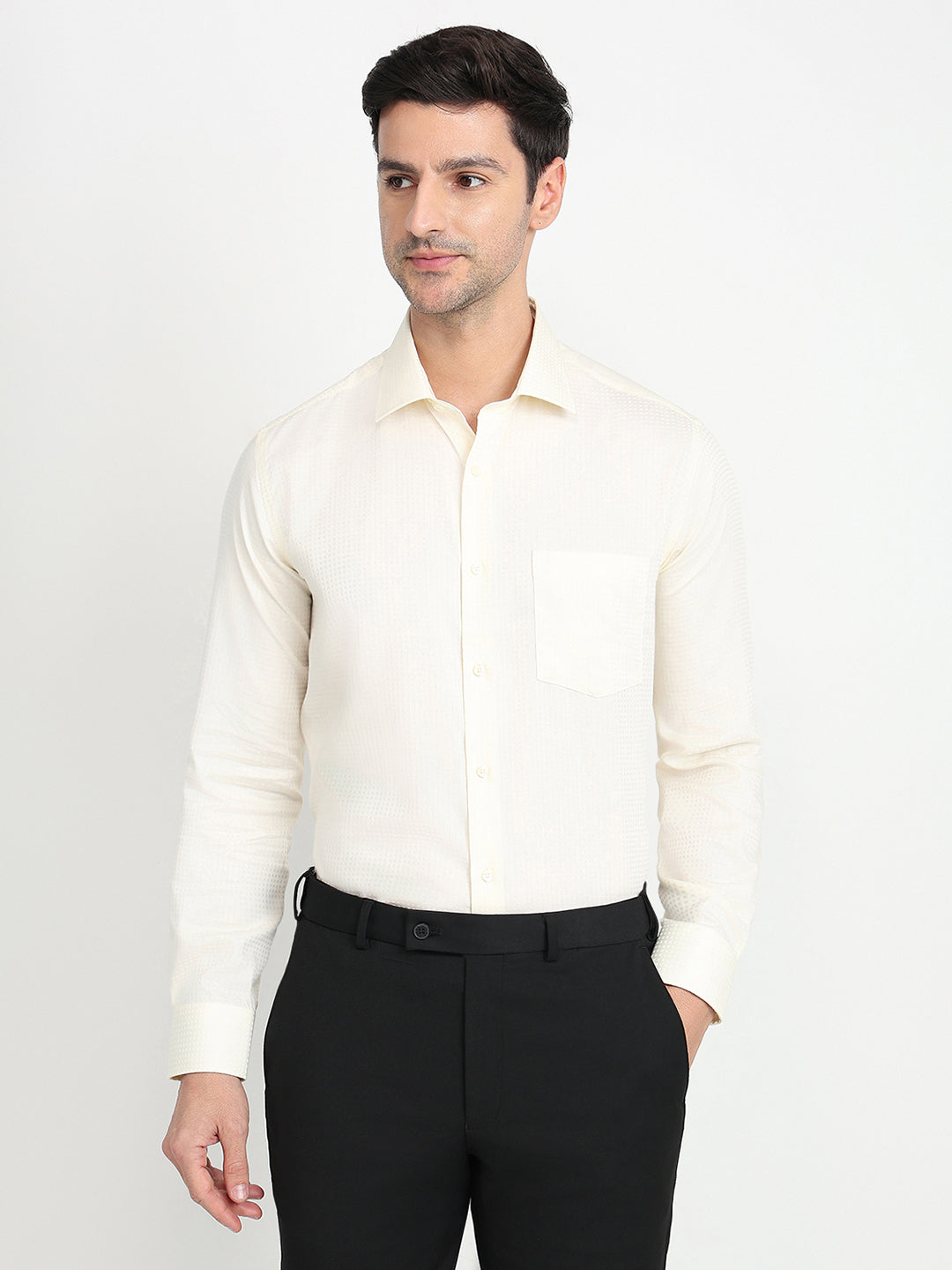 Park Avenue Men White Stripe Regular Fit Cotton Blend Full Sleeve Ainsley Collar Formal Shirt