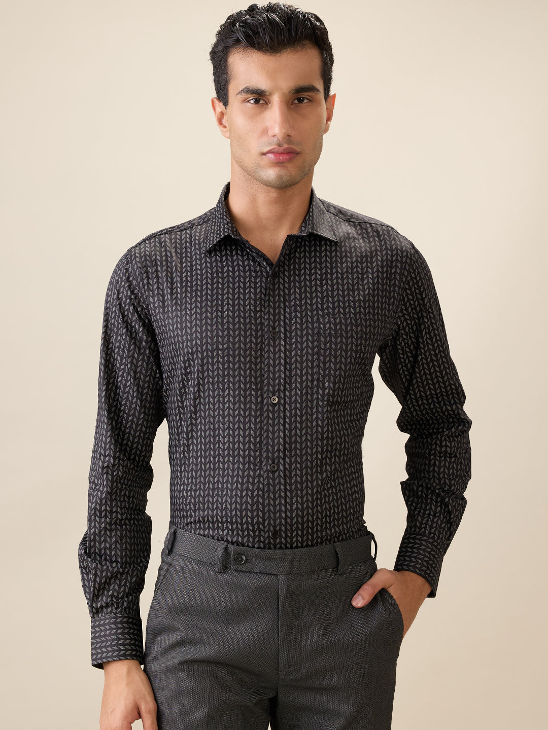 Park Avenue Men Black Printed Regular Fit Cotton Full Sleeve Ainsley Collar Formal Shirt