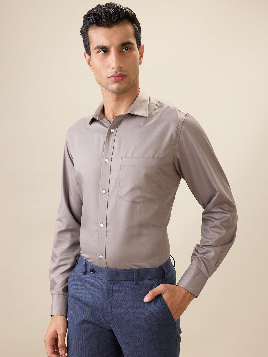 Park Avenue Men Grey Solid Regular Fit Cotton Blend Full Sleeve Ainsley Collar Formal Shirt