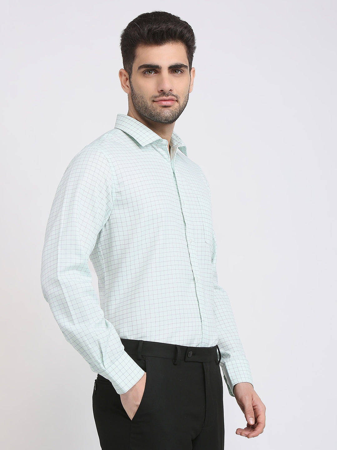 Park Avenue Men Green Checks Regular Fit Cotton Blend Formal Shirt