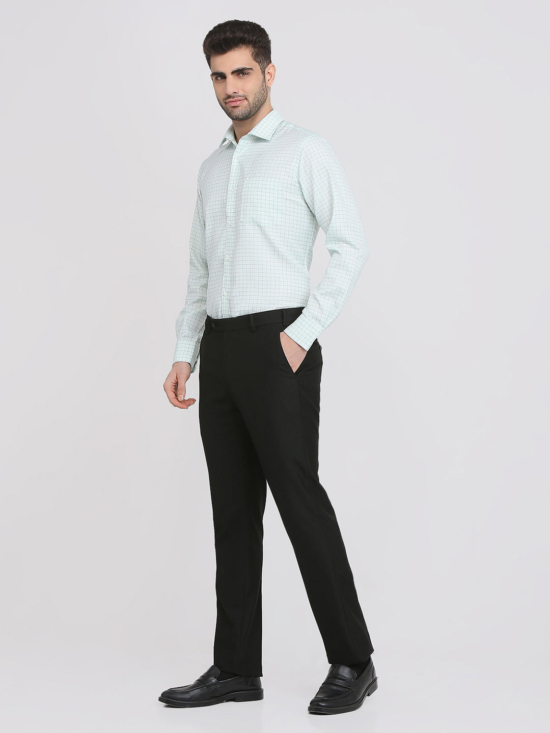 Park Avenue Men Green Checks Regular Fit Cotton Blend Formal Shirt