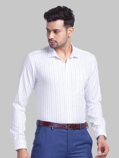 Men Blue Slim Fit Stripe Cotton Cut Away Collar Shirts