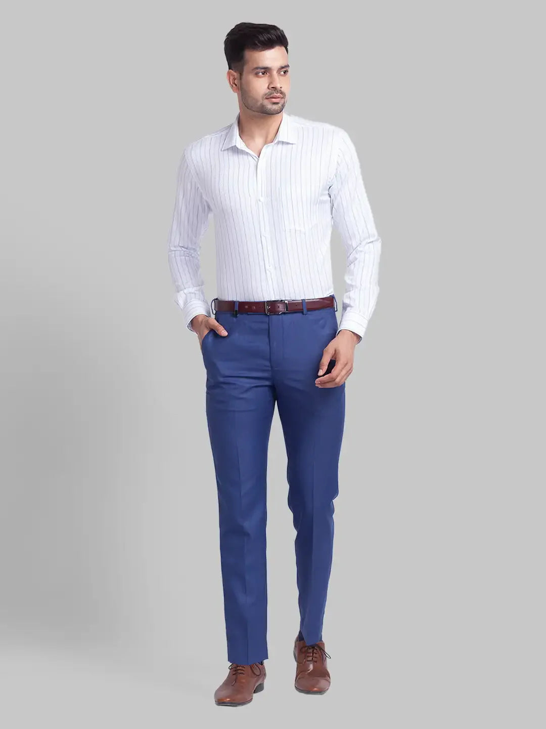 Men Blue Slim Fit Stripe Cotton Cut Away Collar Shirts