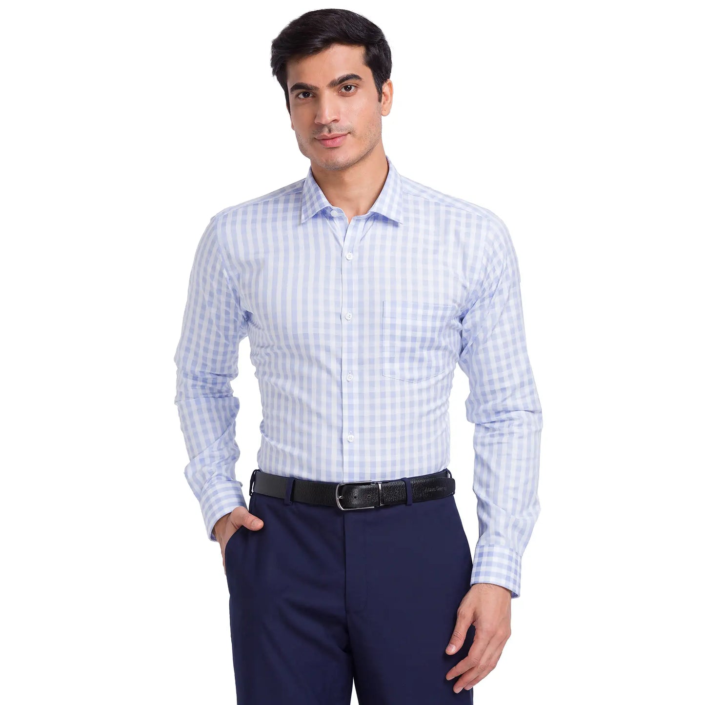 Men Blue Slim Fit Checks Cotton Cut Away Collar Shirts