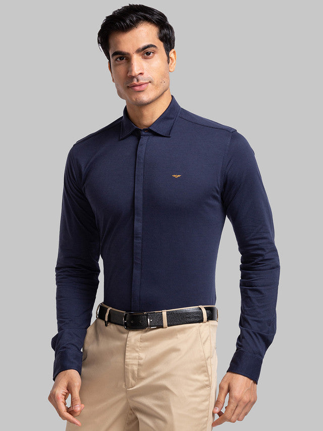 Park Avenue Men Blue Solid Slim Fit Full Sleeve Narrow Collar Shirt
