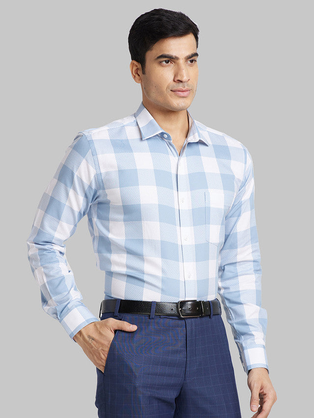 Park Avenue Men Blue Checkered Slim Fit Full Sleeve Ainsley Collar Shirt