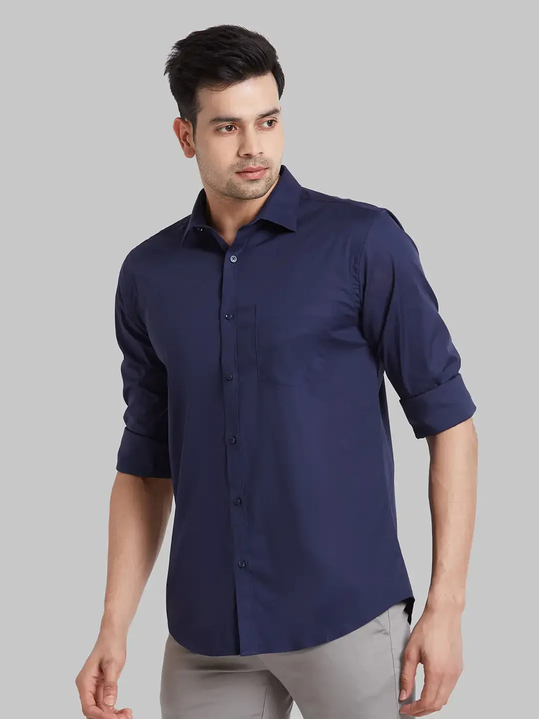 Men Blue Slim Fit Solid Cotton Blend   Shirts