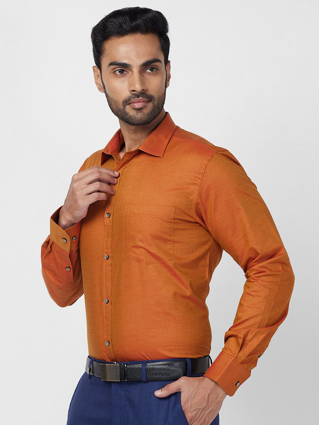 Park Avenue Orange Solid Slim Fit Full Sleeve Cotton Blend Shirt