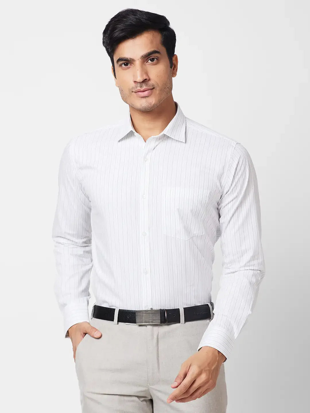 Park Avenue Men White Striped Slim Fit Cotton Formal Shirt