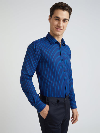 Park Avenue Blue Stripe Slim Fit Cotton Blend Formal Shirt