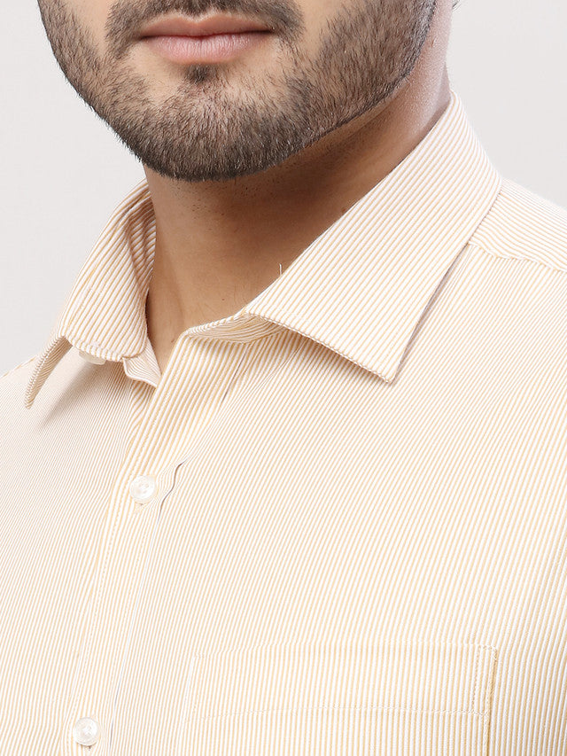 Park Avenue Men Yellow Striped Slim Fit Full Sleeve Semi Cut Away Collar Shirt
