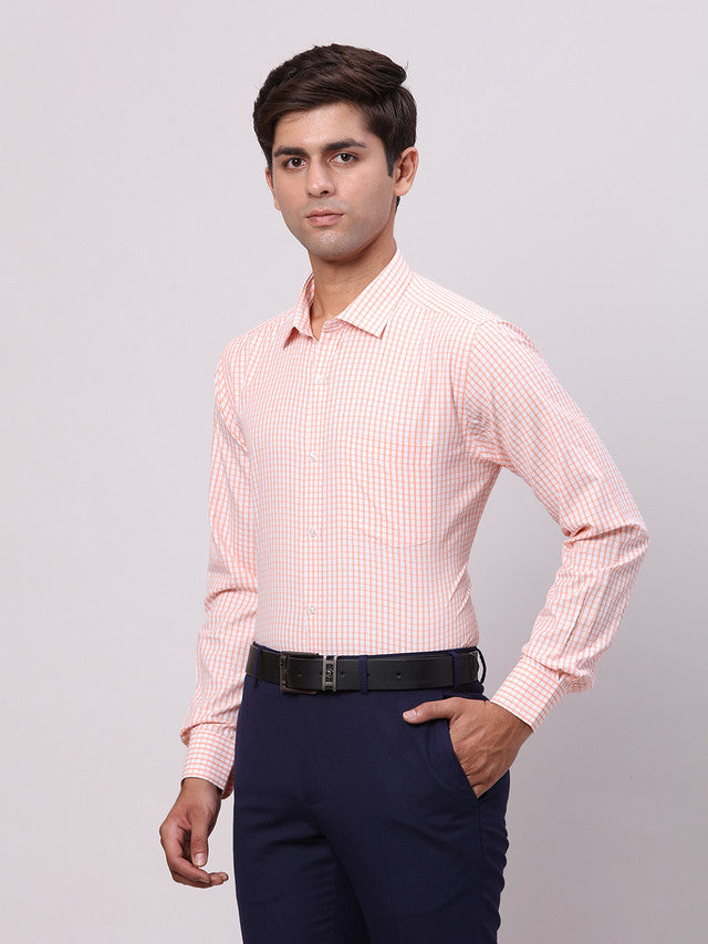 Park Avenue Orange Checks Slim Fit Cotton Blend Formal Shirt