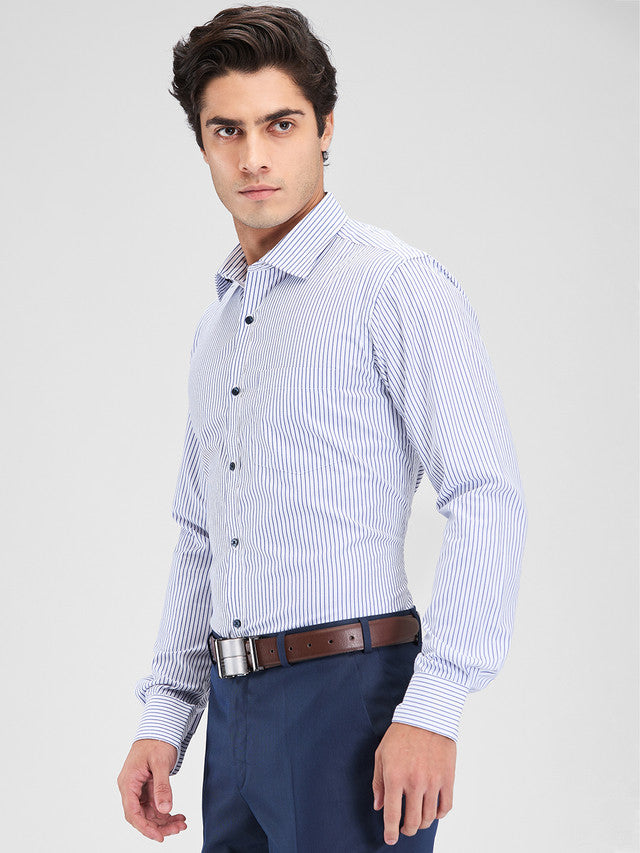 Park Avenue Blue Stripe Slim Fit Cotton Blend Formal Shirt