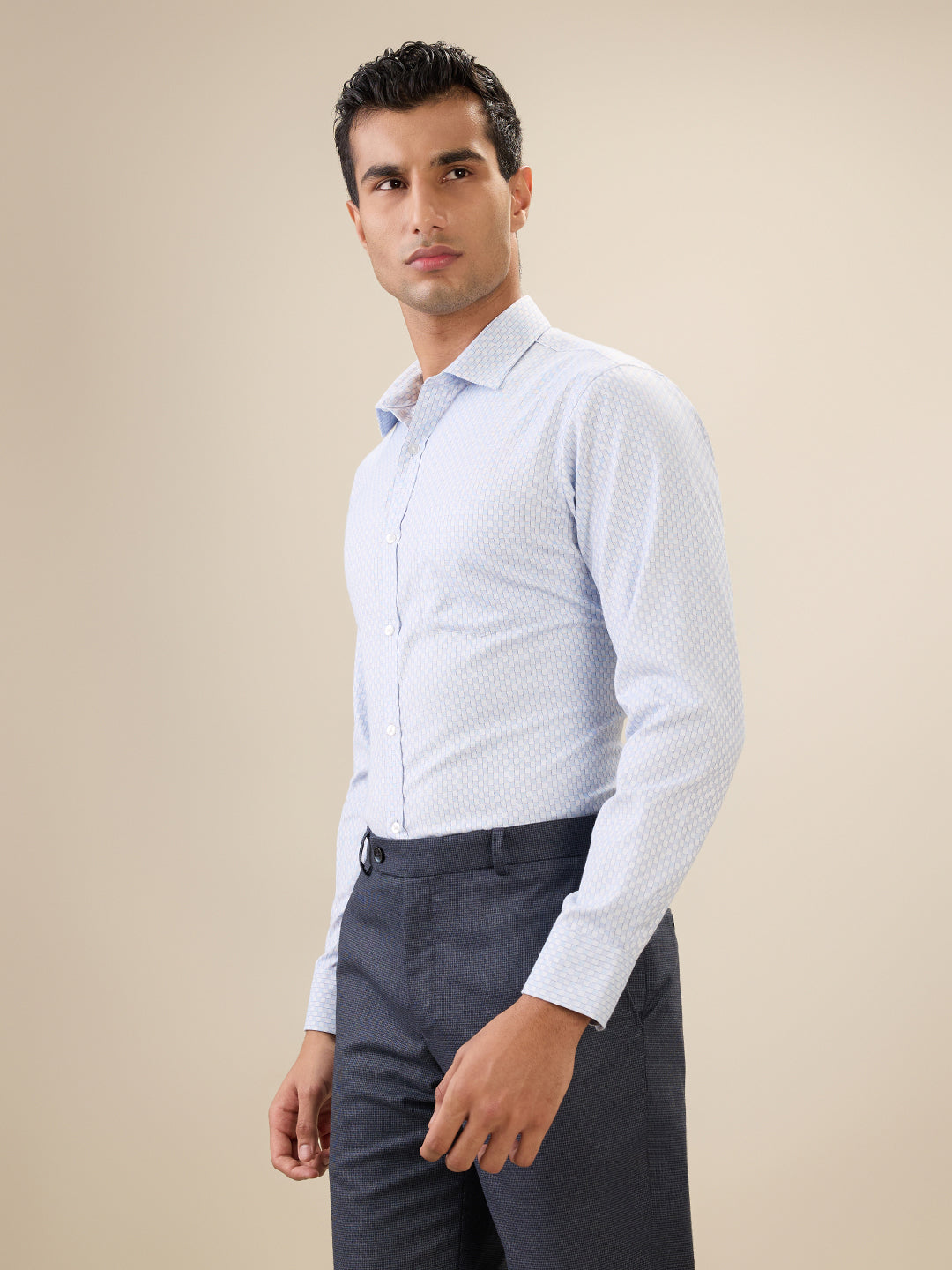 Park Avenue Men Blue Checks Slim Fit Polyester Blend Full Sleeve Formal Shirt