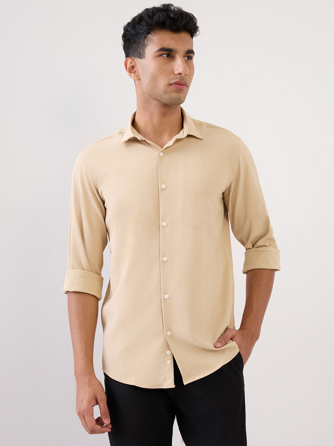 Park Avenue Men Brown Stripe Slim Fit Polyester Full Sleeve Formal Shirt