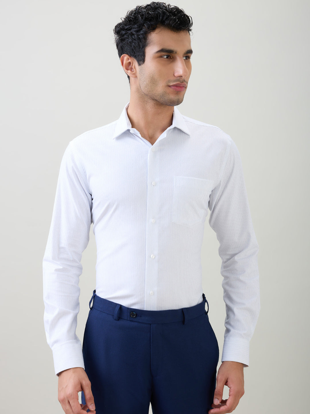 Park Avenue Men White Stripe Slim Fit Cotton Full Sleeve Formal Shirt