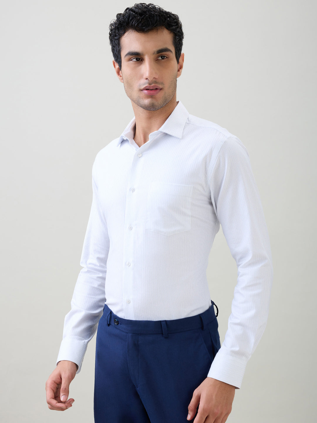 Park Avenue Men White Stripe Slim Fit Cotton Full Sleeve Formal Shirt