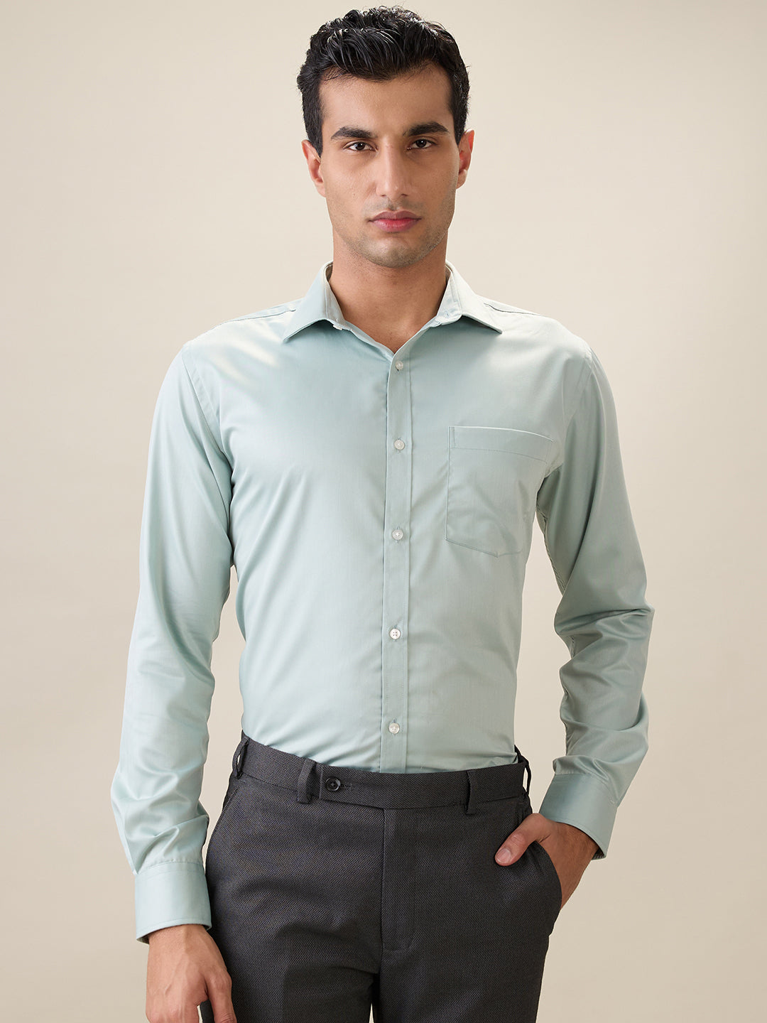 Park Avenue Men Blue Solid Slim Fit Cotton Blend Full Sleeve Formal Shirt