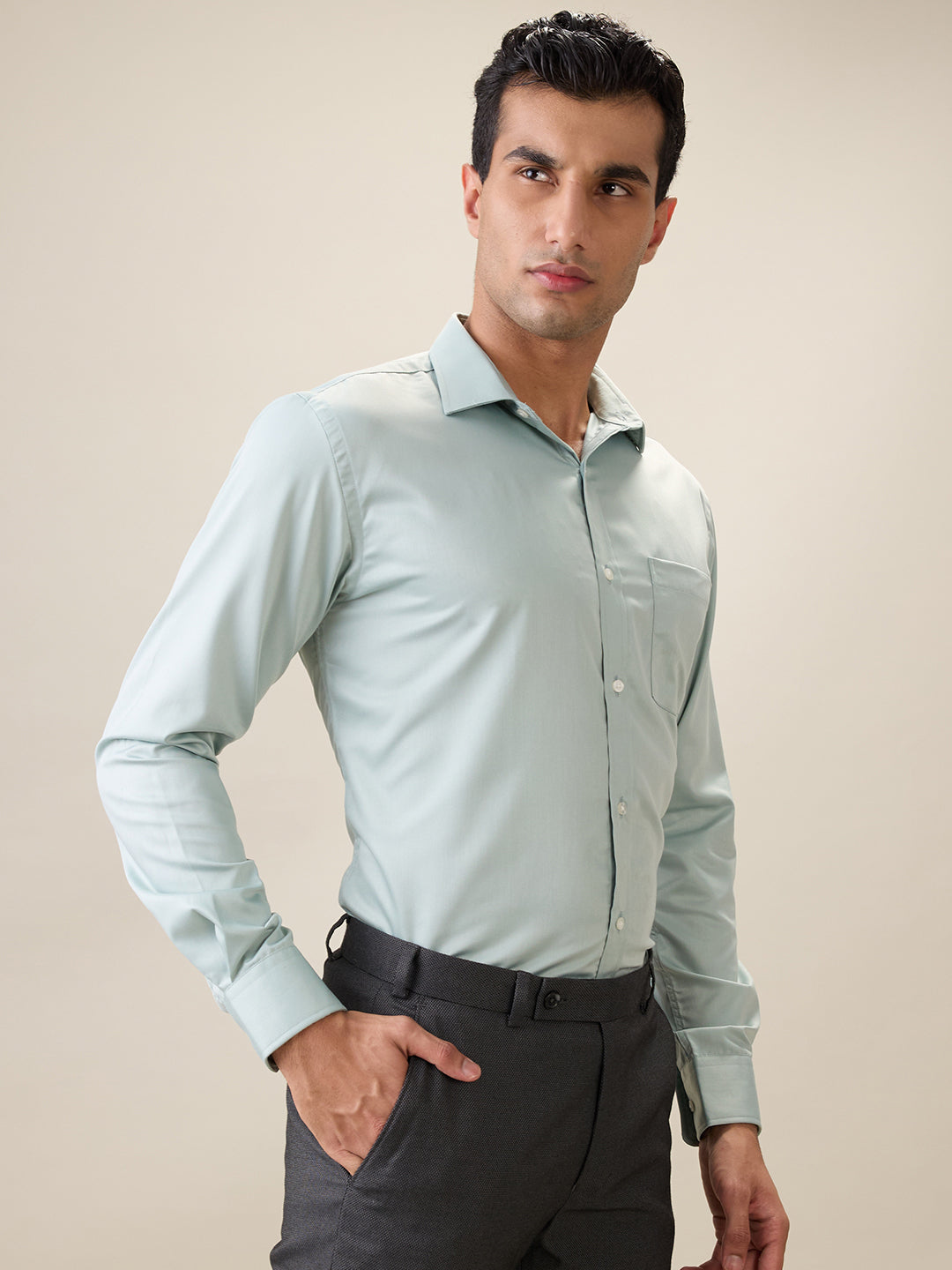 Park Avenue Men Blue Solid Slim Fit Cotton Blend Full Sleeve Formal Shirt