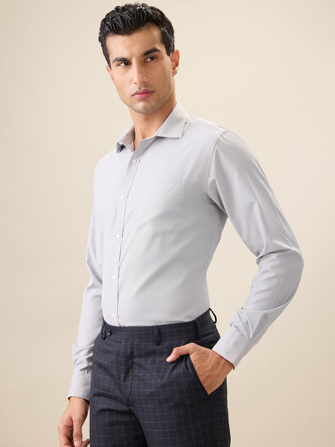 Park Avenue Men Grey Structure Slim Fit Cotton Blend Full Sleeve Formal Shirt