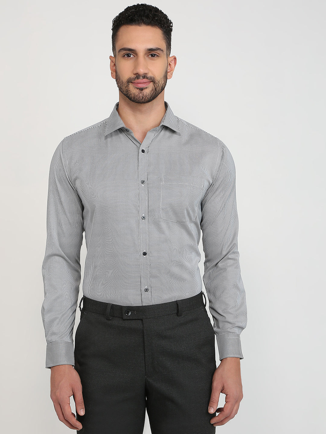 Park Avenue Men Black Stripe Slim Fit Cotton Blend Formal Shirt