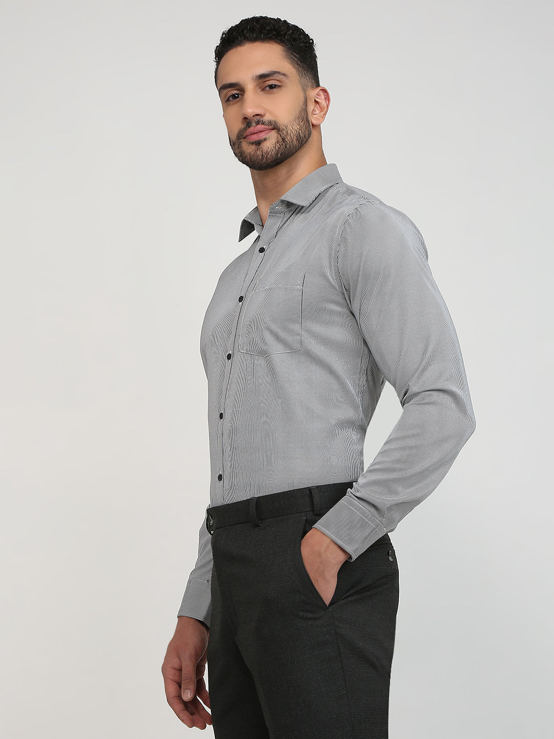 Park Avenue Men Black Stripe Slim Fit Cotton Blend Formal Shirt