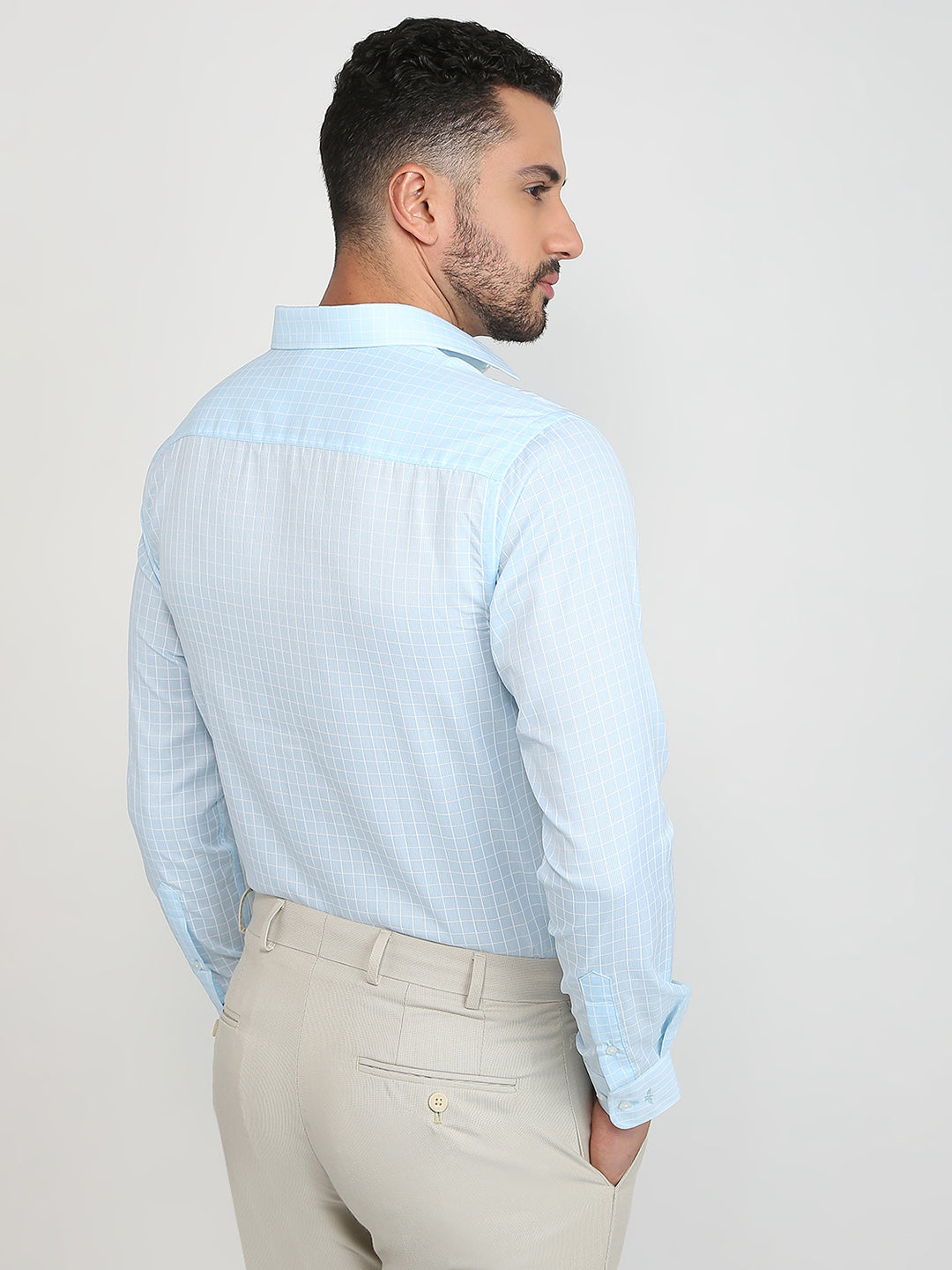 Park Avenue Men Blue Checks Slim Fit Cotton Blend Formal Shirt