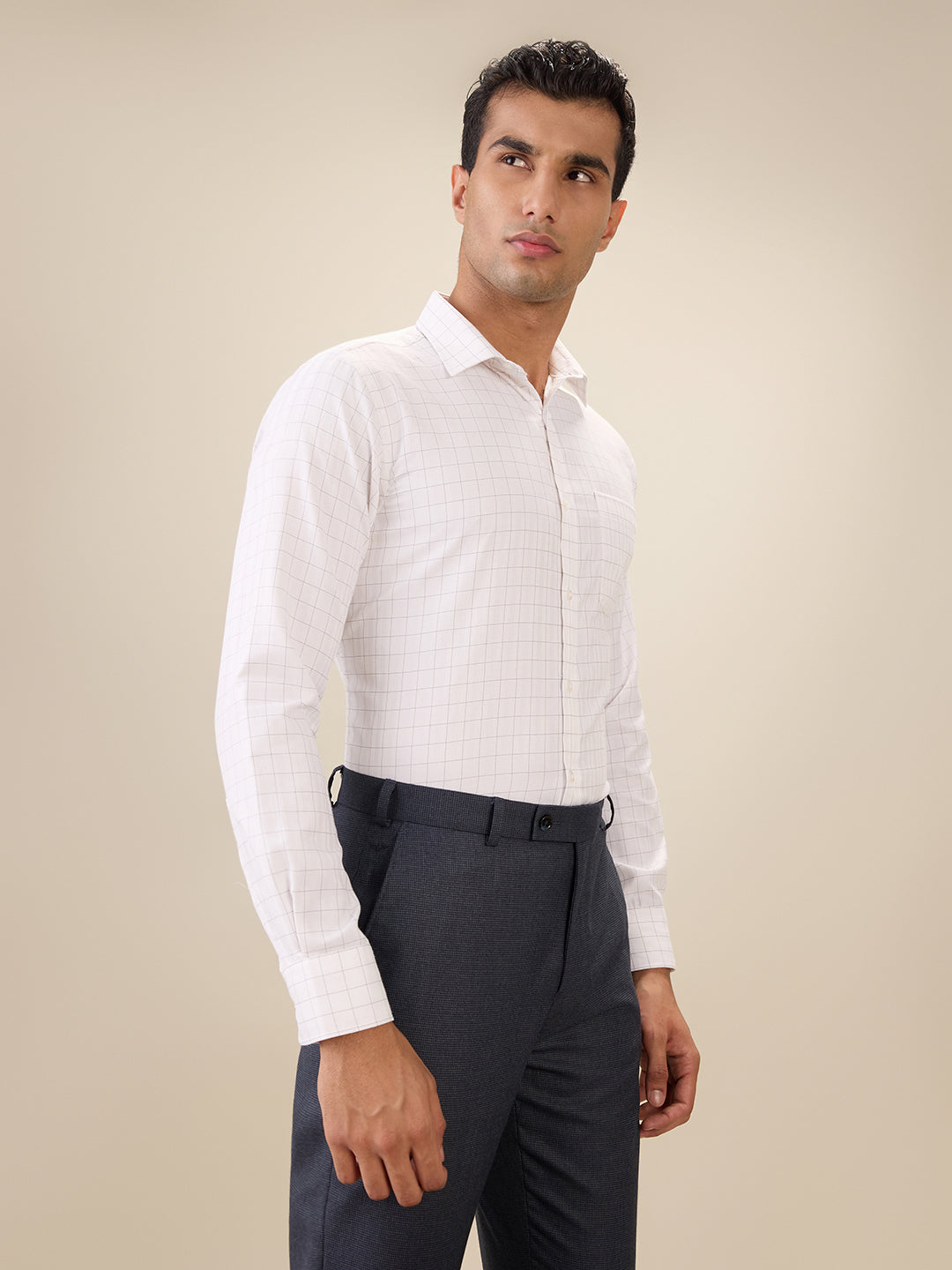 Park Avenue Men White Checks Slim Fit Cotton Blend Full Sleeve Formal Shirt