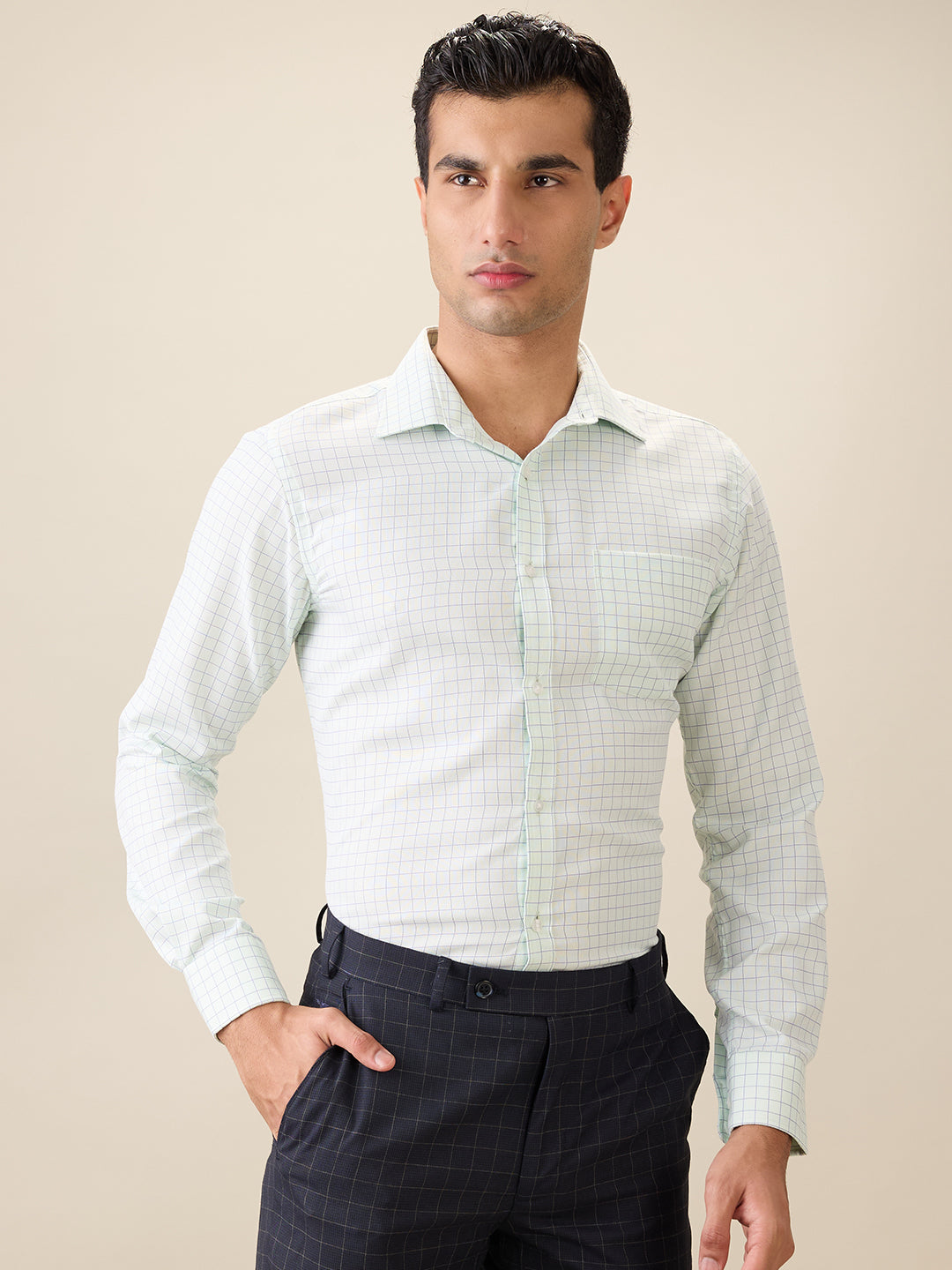 Park Avenue Men Green Checks Slim Fit Cotton Blend Full Sleeve Formal Shirt