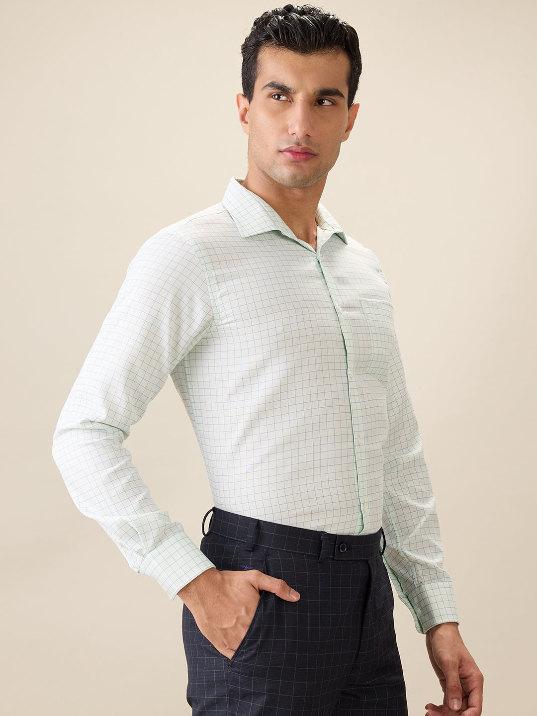 Park Avenue Men Green Checks Slim Fit Cotton Blend Full Sleeve Formal Shirt