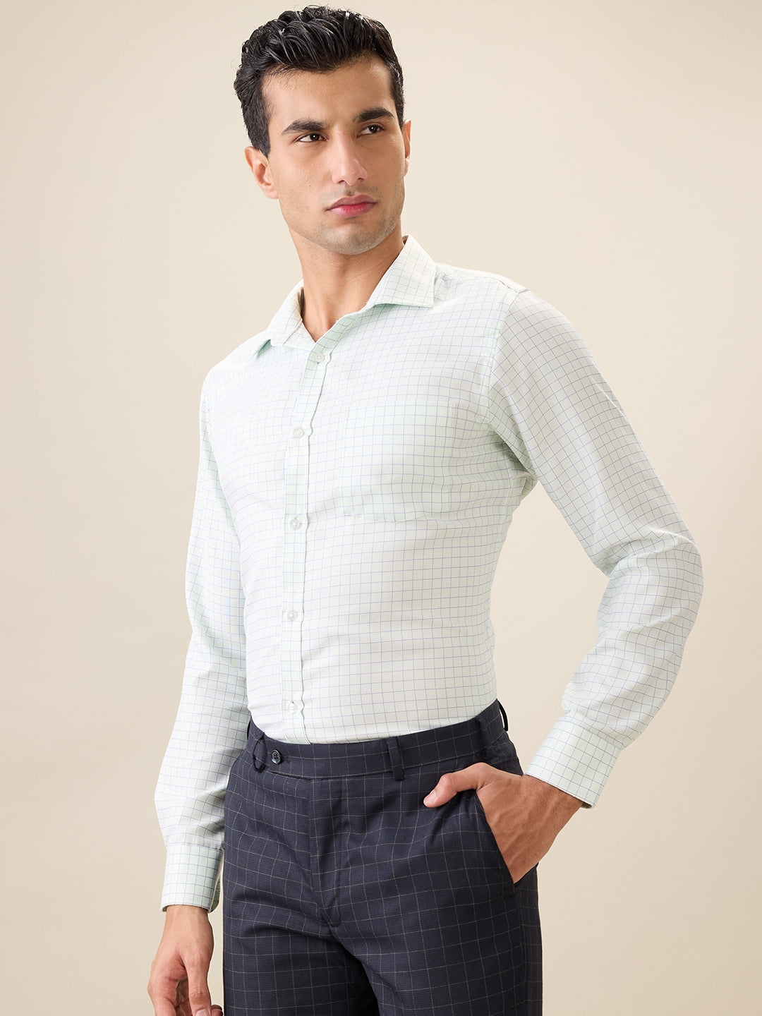 Park Avenue Men Green Checks Slim Fit Cotton Blend Full Sleeve Formal Shirt